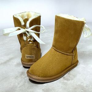 Lamo APRES Youth Winter Boots Girls 3Y Brown Suede Faux Fur Bow Ribbon Slip-On